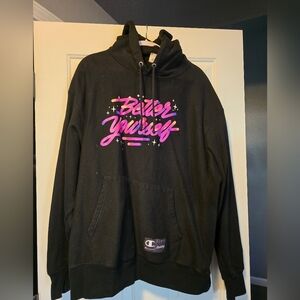 Champion Black Hoodie with Pink and Purple Accents